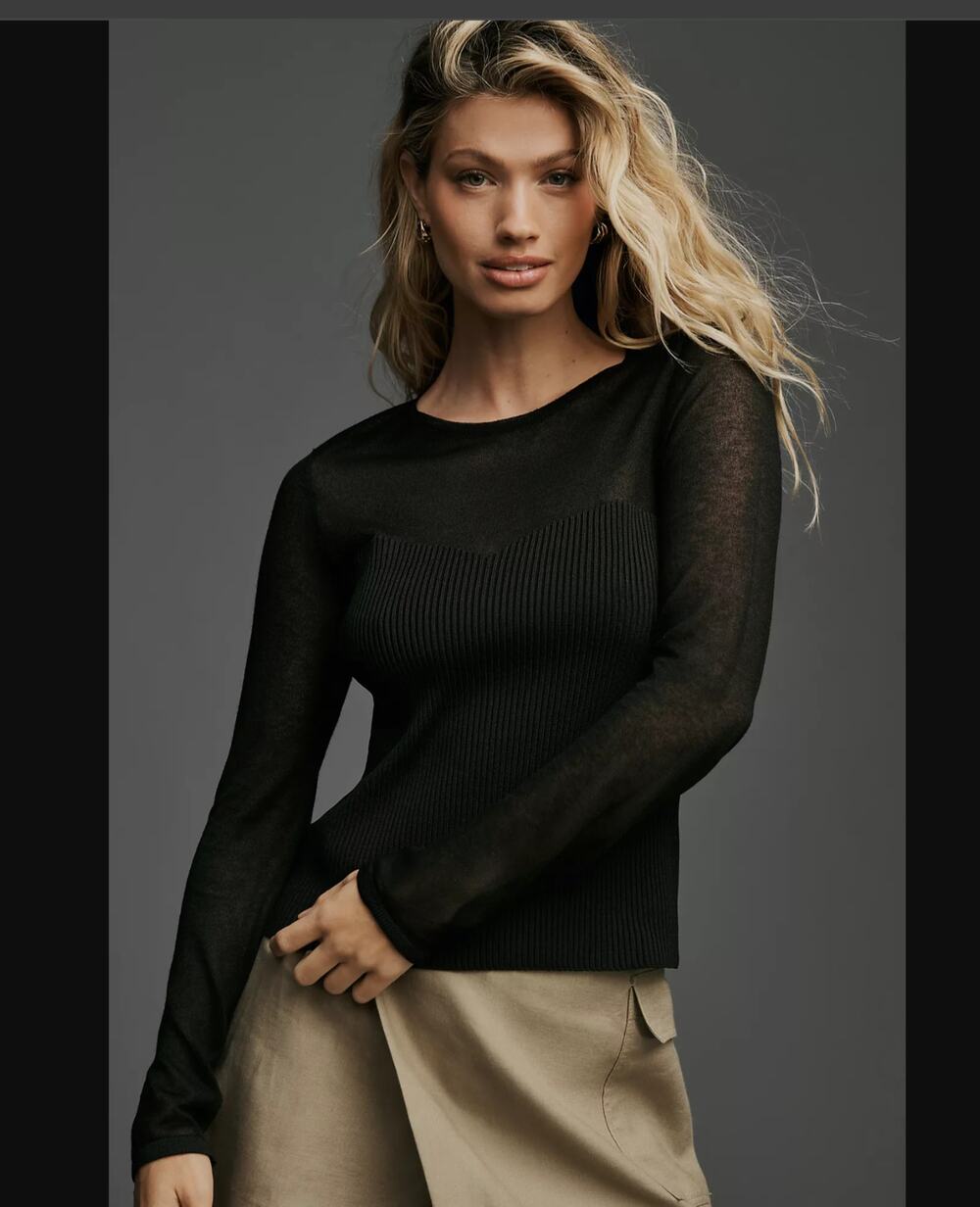 New Anthropologie Black Ribbed Long Sleeve Sweater - Size Large